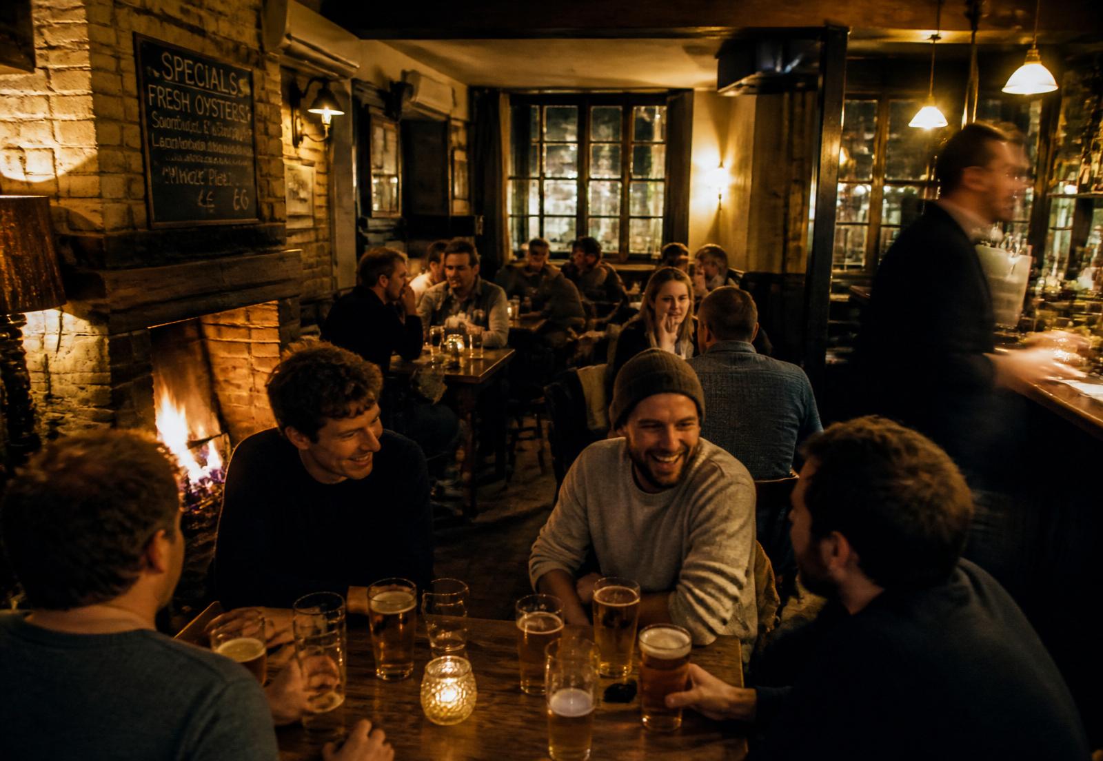 Friends laughing at a candlelit pub table by a fireplace