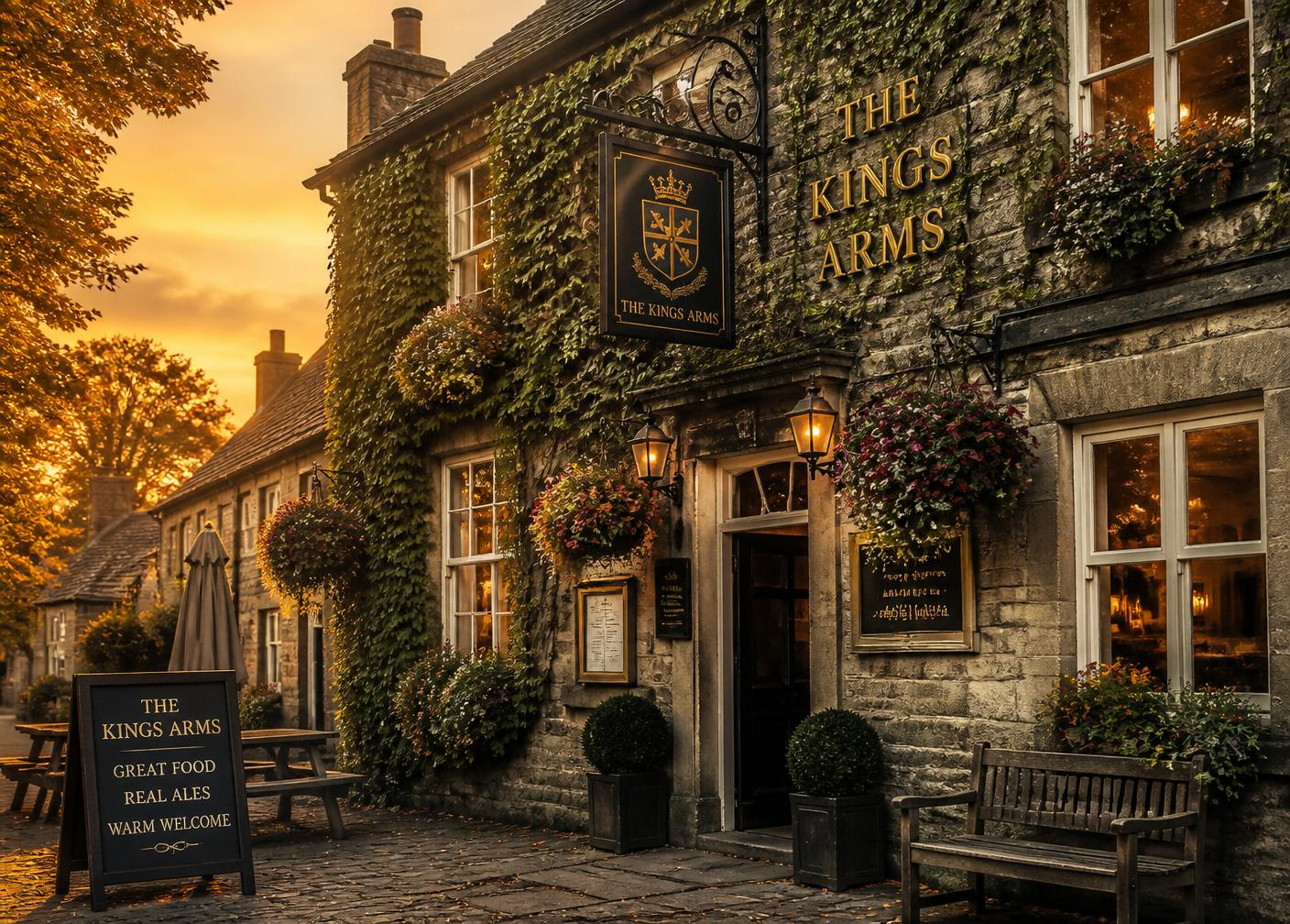 The Kings Arms pub at sunset with hanging baskets and ivy
