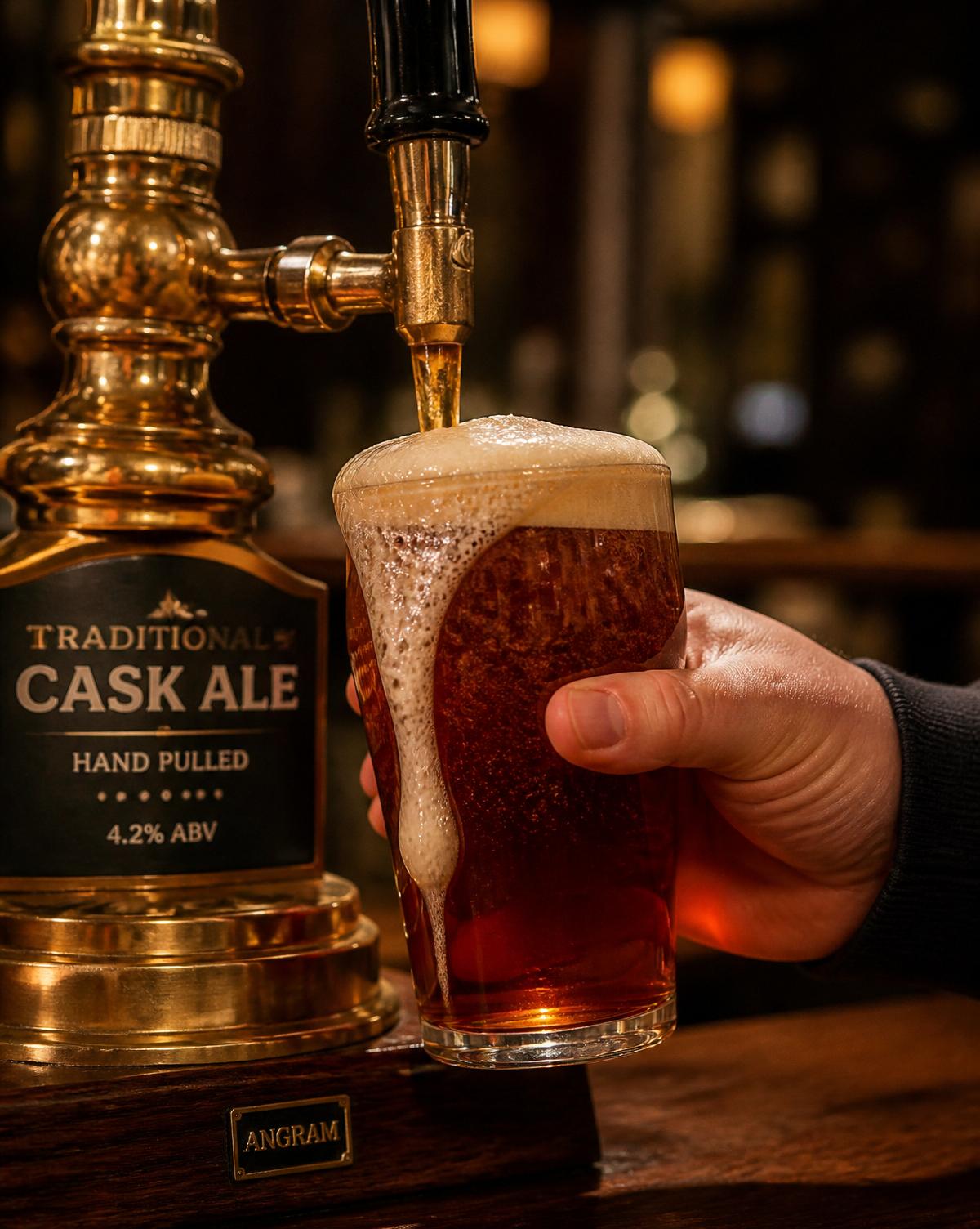 A pint of cask ale being pulled from a brass beer engine